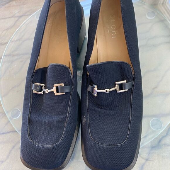 GUCCI Vintage Navy Nylon Loafer with silver horse bit buckle - size 10